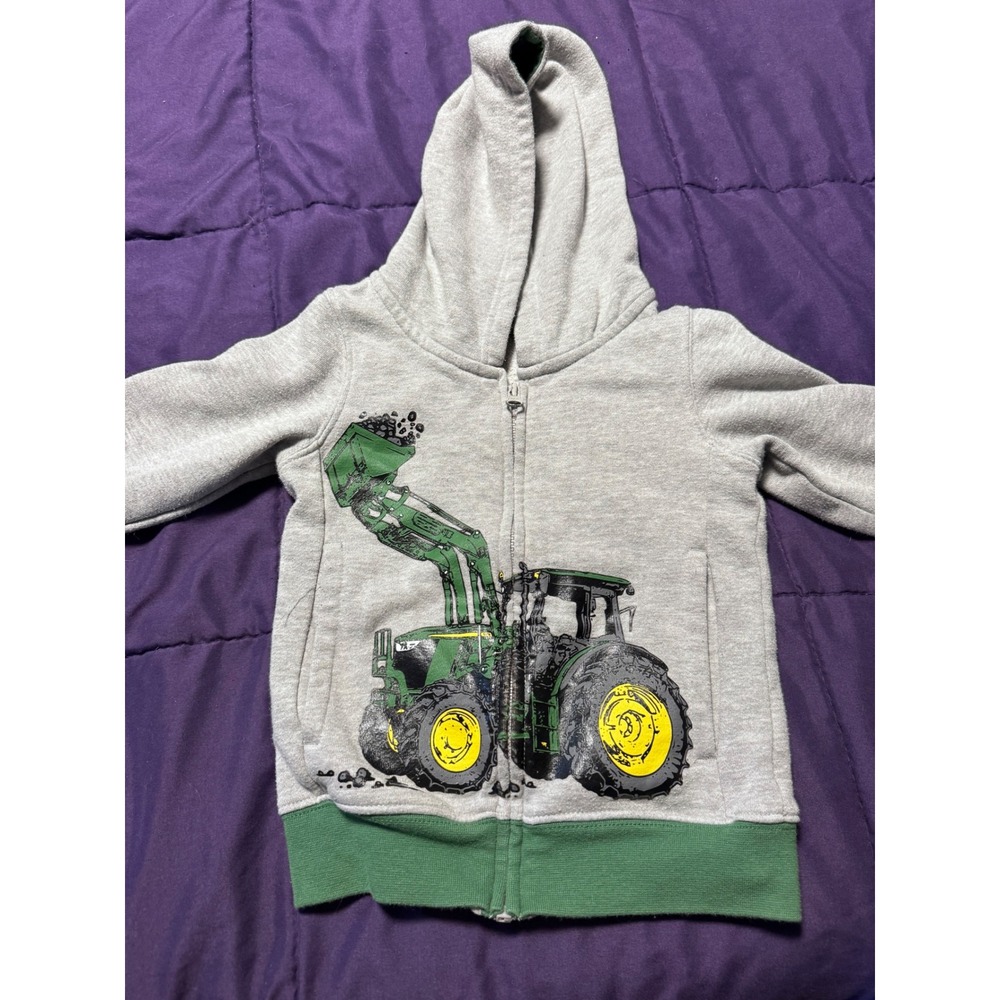 John Deere Toddler Boys Gray Tractor Graphic Zip Up Hoodie Sweatshirt 2T